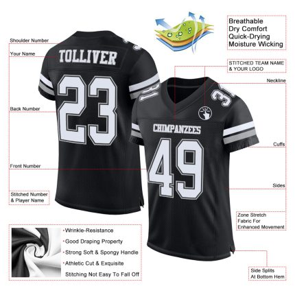 Personalized Mesh Football Jersey in Black, White & Gray - Customizable Sports Apparel Personalized Black White-Gray Mesh