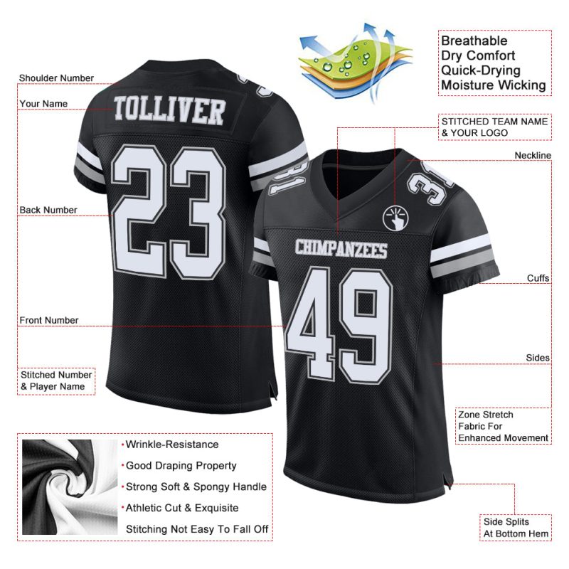 Personalized Mesh Football Jersey in Black, White & Gray - Customizable Sports Apparel Personalized Black White-Gray Mesh