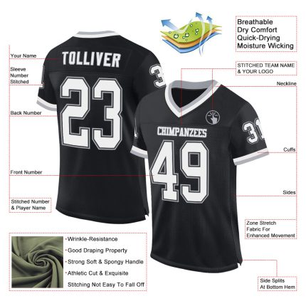 Personalized Football Jersey - Black White Gray Mesh Throwback Design, Customizable 2 Personalized Black White-Gray Mesh