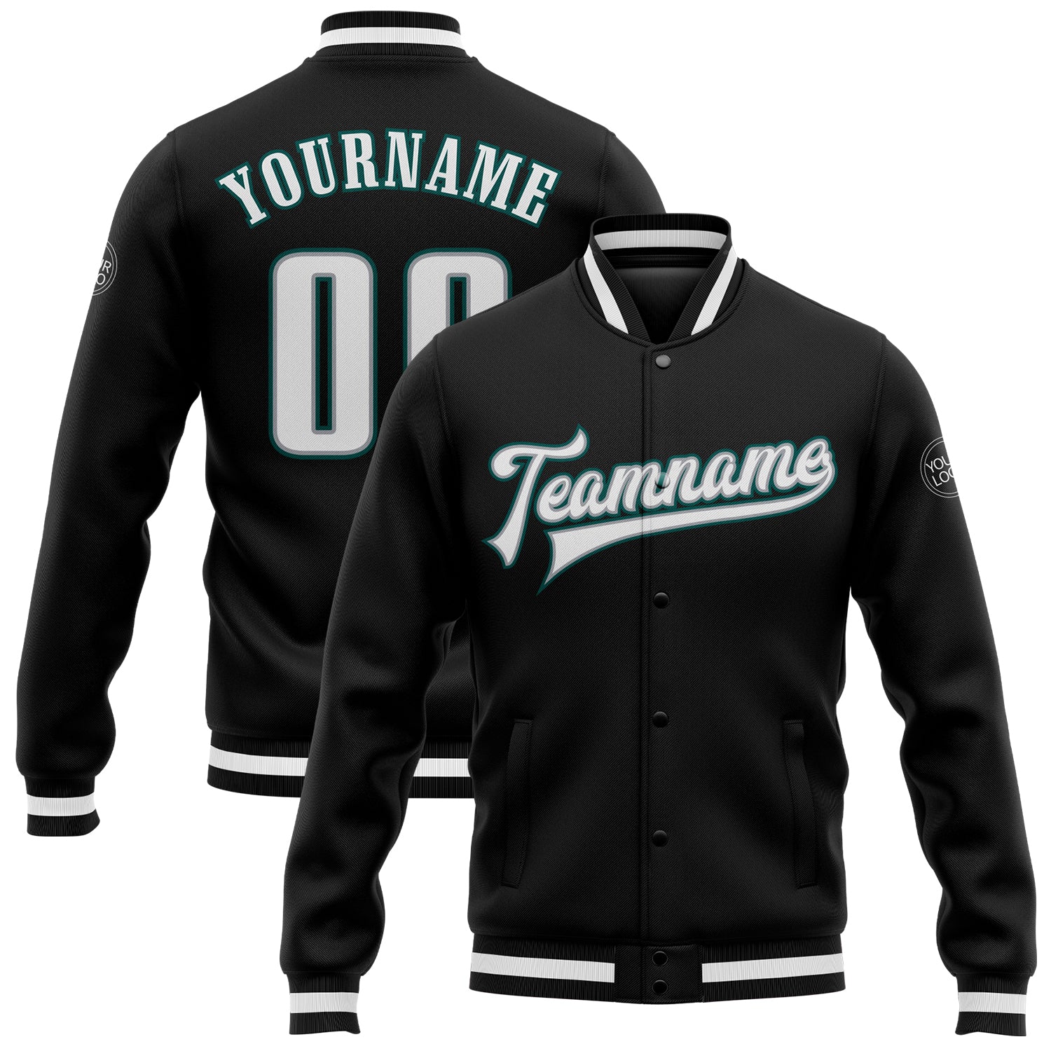 Personalized Midnight Green Black White Gray Varsity Letterman Bomber Jacket Full-Snap Personalized Black White Gray-Midnight
