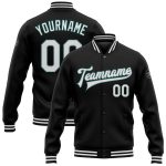 Personalized Varsity Letterman Jacket in Black White Gray Midnight Green - Full-Snap Bomber Style Personalized Black White