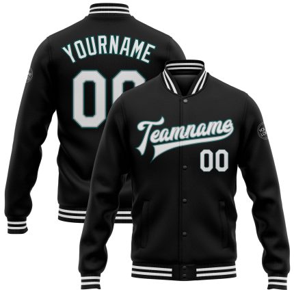 Personalized Varsity Letterman Jacket in Black White Gray Midnight Green - Full-Snap Bomber Style Personalized Black White