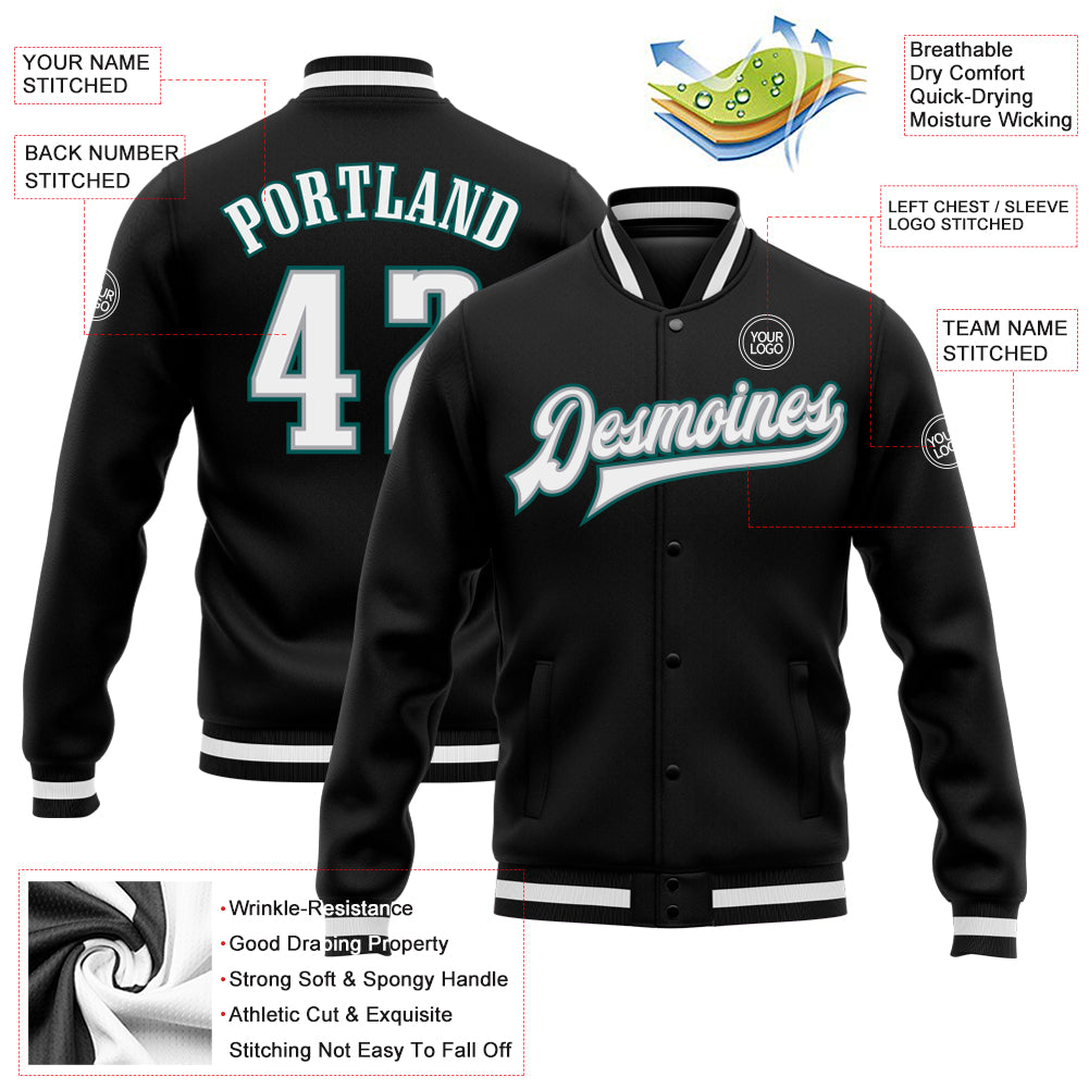 Personalized Black White Gray-Midnight Green Bomber Full-Snap Varsity Letterman Jacket Team Custom Name and Number Custom Name Number Black White Gray Midnight Green Varsity Bomber Jacket Full-Snap Letterman Personalized Black White Gray-Midnight - Image 3