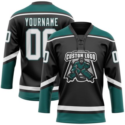 Personalized Black White Gray Midnight Green Lace Neck Hockey Jersey Personalized Black White Gray-Midnight Green Hockey