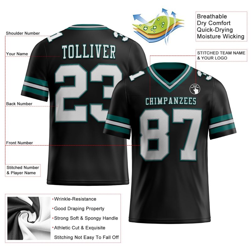 Personalized Midnight Green Black Gray Mesh Football Jersey for Men Personalized Black White Gray-Midnight Green Mesh Football