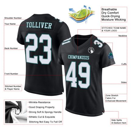 Personalized Mesh Football Jersey in Black, White, Gray, and Midnight Green Personalized Black White Gray-Midnight Green