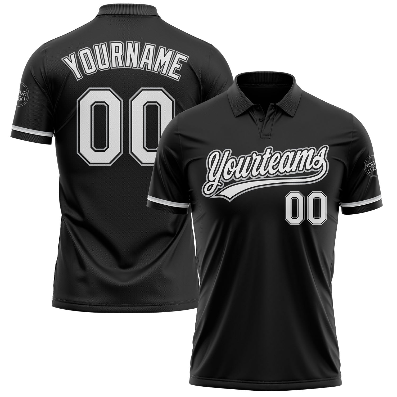 Custom Team Name Number Personalized Golf Polo Shirt Black White Gray Performance Personalized Black White-Gray Performance