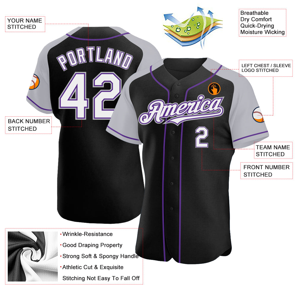 Custom Black Gray Purple Baseball Jersey with Raglan Sleeves Personalized Black White Gray-Purple Raglan Sleeves Baseball - Image 3