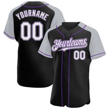 Custom Black Gray Purple Baseball Jersey with Raglan Sleeves Personalized Black White Gray-Purple Raglan Sleeves Baseball