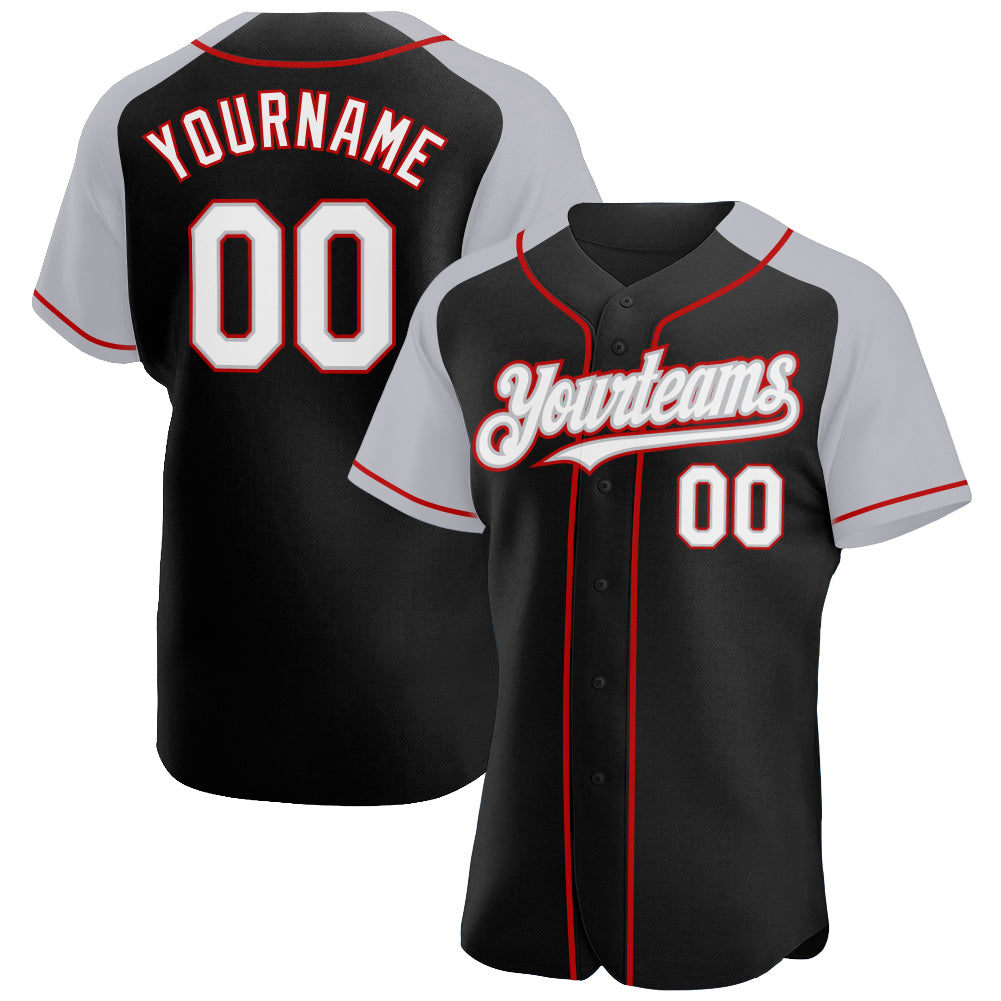 Personalized Black White Gray Red Baseball Jersey Raglan Sleeves Personalized Black White Gray-Red Raglan Sleeves Baseball