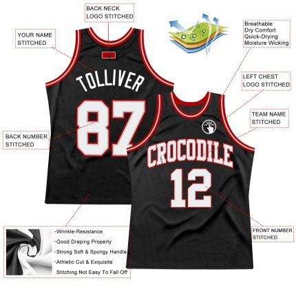 Personalized Basketball Jersey in Black White Gray Red - Retro Style Sportswear Personalized Black White Gray-Red Throwback