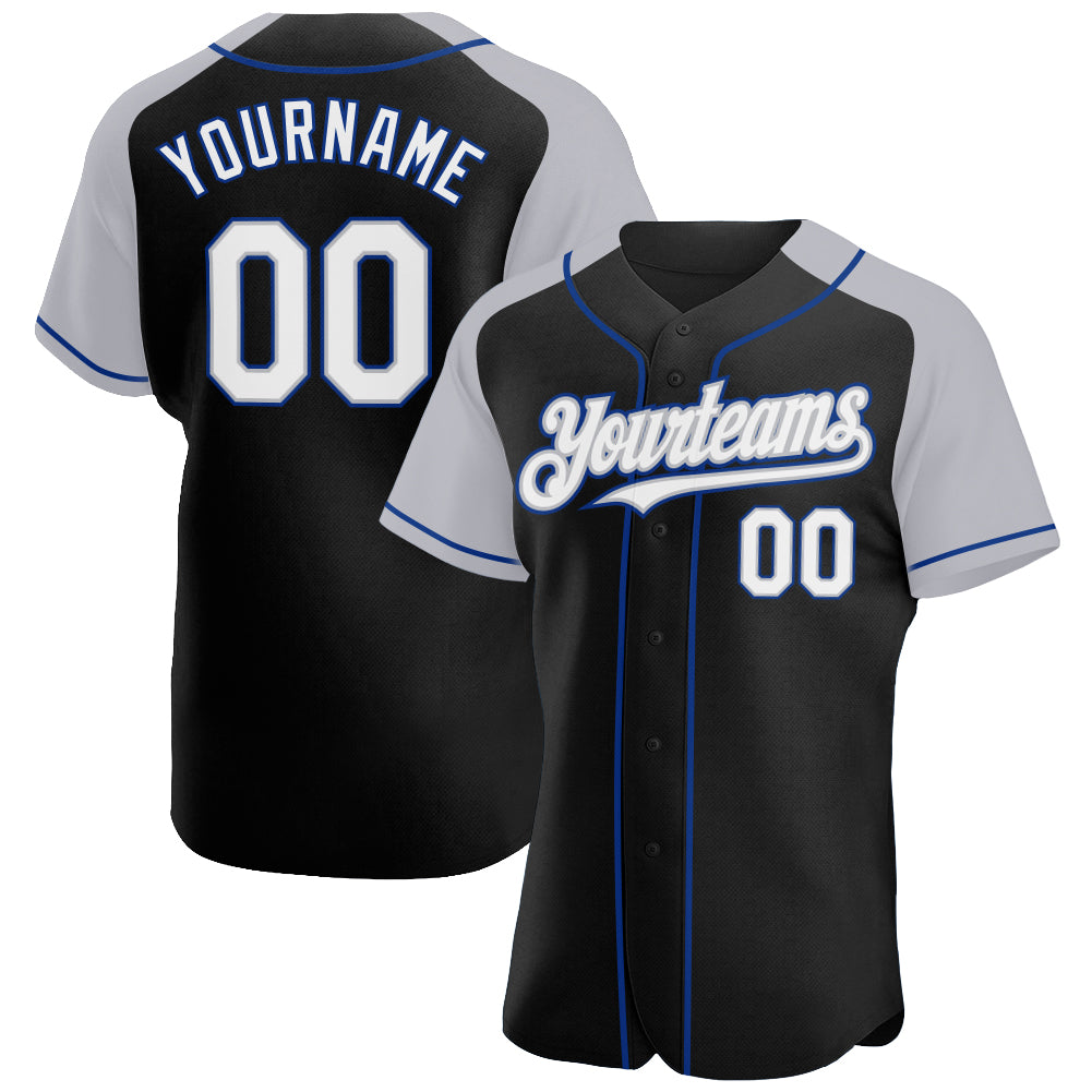 Personalized Baseball Jersey Black White Gray-Royal Raglan Sleeves Personalized Black White Gray-Royal Raglan Sleeves Baseball