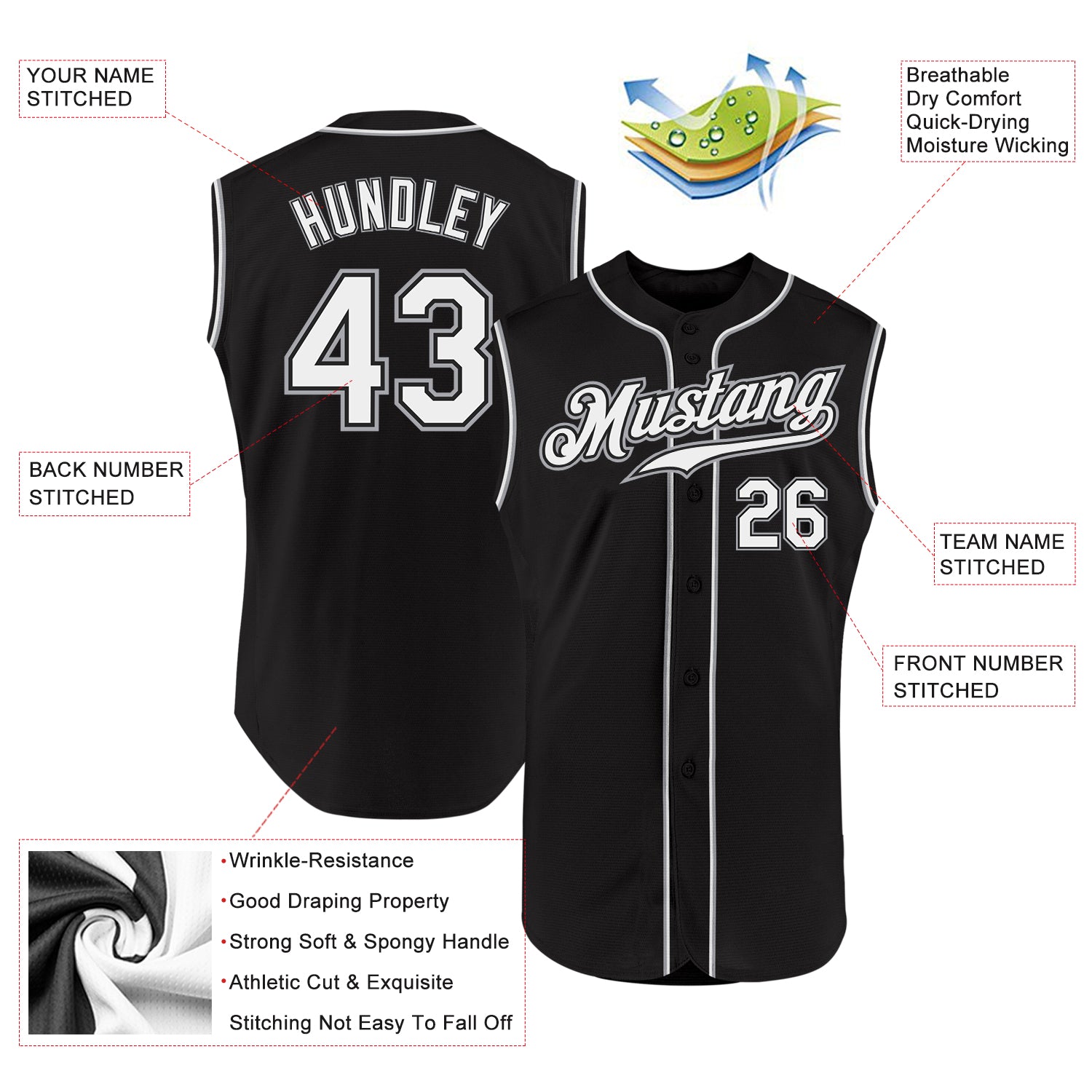 Personalized Black Gray Sleeveless Baseball Jersey for Men and Women Personalized Black White-Gray Sleeveless Baseball Jersey - Image 2