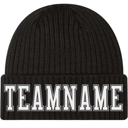 Custom Cuffed Knit Hat with Personalized Name and Number - Black White Gray Stitched Team Beanie Personalized Black White-Gray