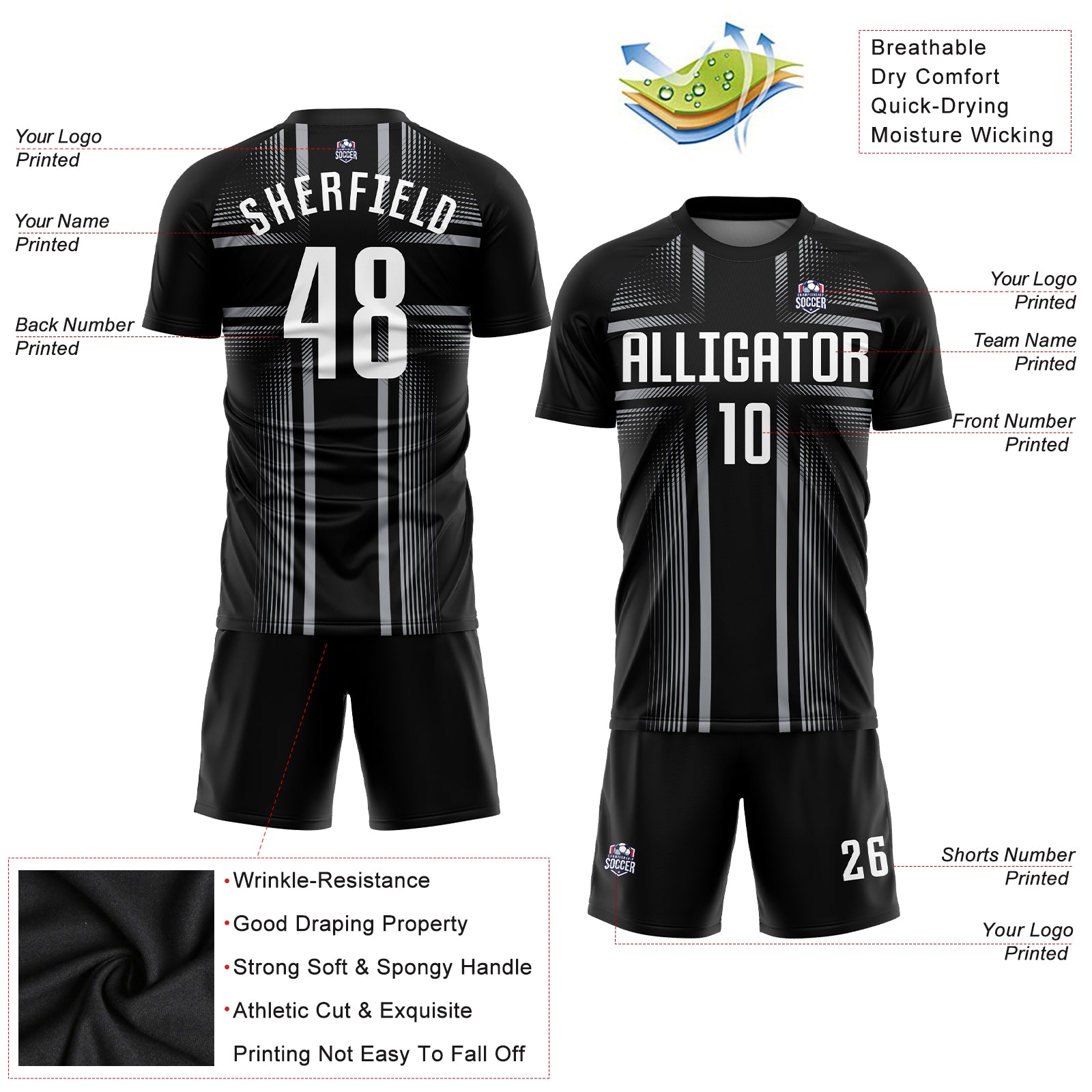 Personalized Sublimation Soccer Jersey - Black White Gray Uniform Personalized Black White-Gray Sublimation Soccer Uniform - Image 3