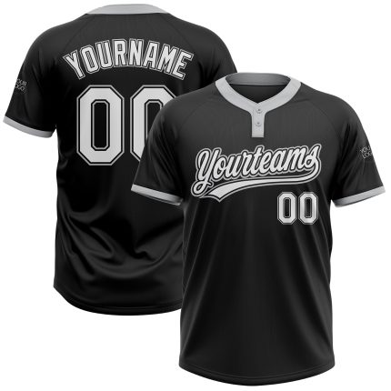 Custom Name and Number Softball Jersey Unisex Black White-Gray Two-Button Design Personalized Black White-Gray Two-Button
