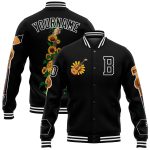 Personalized Black White 3D Varsity Letterman Bomber Jacket for Guitar Lovers Personalized Black White Guitar 3D Bomber Full-Snap