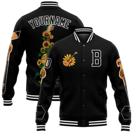 Personalized Black White 3D Varsity Letterman Bomber Jacket for Guitar Lovers Personalized Black White Guitar 3D Bomber Full-Snap