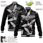 Personalized 3D Bomber Varsity Letterman Jacket - Black White Heron and Cloud Design Personalized Black White Heron And Cloud