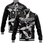 Personalized 3D Bomber Varsity Letterman Jacket - Black White Heron and Cloud Design Personalized Black White Heron And Cloud
