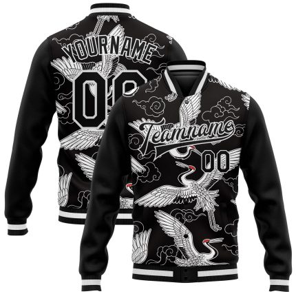 Personalized 3D Bomber Varsity Letterman Jacket - Black White Heron and Cloud Design Personalized Black White Heron And Cloud