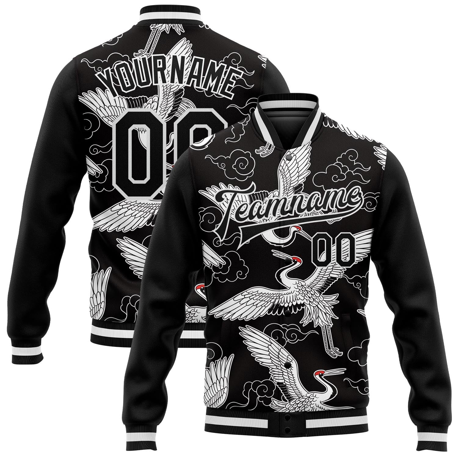 Custom Name Number Varsity Jacket Personalized 3D Bomber Black White Heron Cloud Design Full-Snap Letterman Apparel Personalized