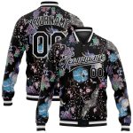 Custom 3D Bomber Varsity Jacket with Black White Heron and Flower Design, Full-Snap Letterman Style Personalized Black White