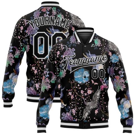 Custom 3D Bomber Varsity Jacket with Black White Heron and Flower Design, Full-Snap Letterman Style Personalized Black White