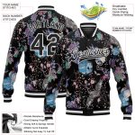 Custom 3D Bomber Varsity Jacket with Black White Heron and Flower Design, Full-Snap Letterman Style Personalized Black White