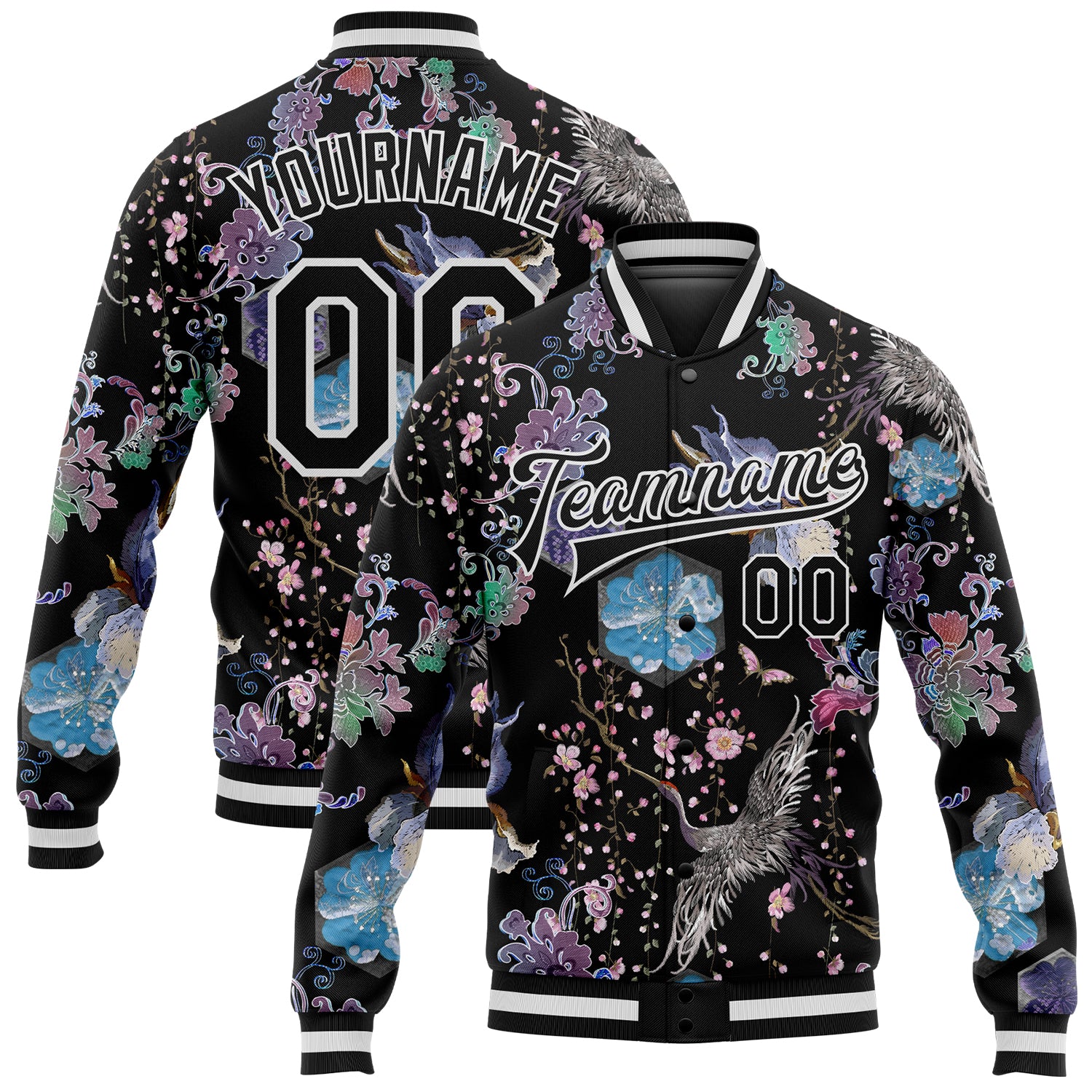 Personalized Heron and Flower 3D Pattern Varsity Jacket with Custom Name and Number - Full-Snap Bomber Design Personalized