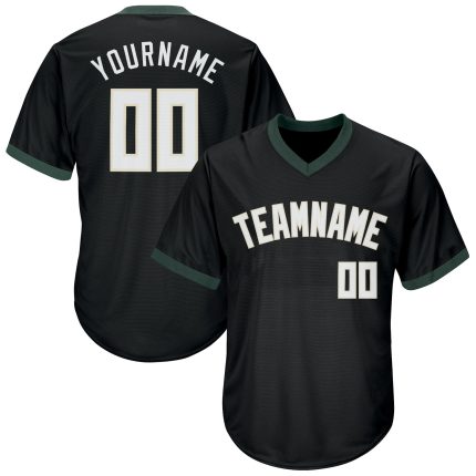 Personalized Black White Hunter Green Baseball Jersey Shirt - Throwback Rib-Knit Design Personalized Black White-Hunter Green