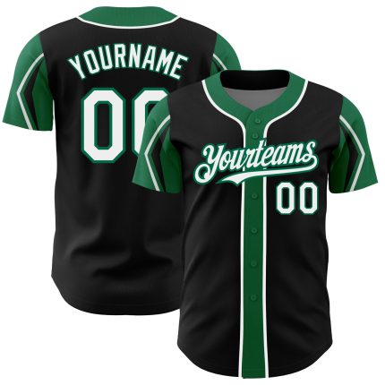 Personalized Black White Kelly Green Baseball Jersey in 3 Colors - Arm Shapes Design Personalized Black White-Kelly Green