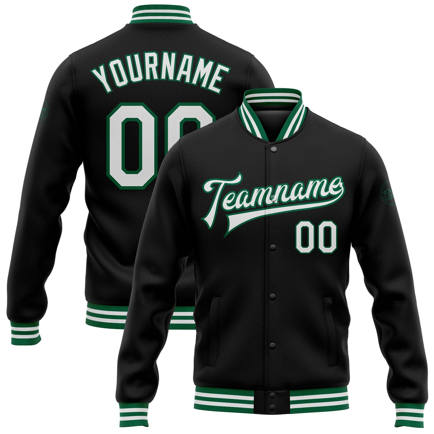 Custom Name Number Varsity Letterman Jacket Black White Kelly Green Personalized Bomber Full-Snap Team Apparel Personalized
