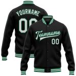Personalized Bomber Jacket Black White Kelly Green Full-Snap Varsity Letterman Personalized Black White-Kelly Green Bomber