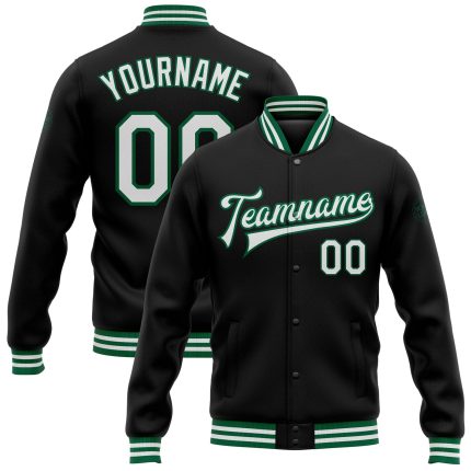 Personalized Bomber Jacket Black White Kelly Green Full-Snap Varsity Letterman Personalized Black White-Kelly Green Bomber