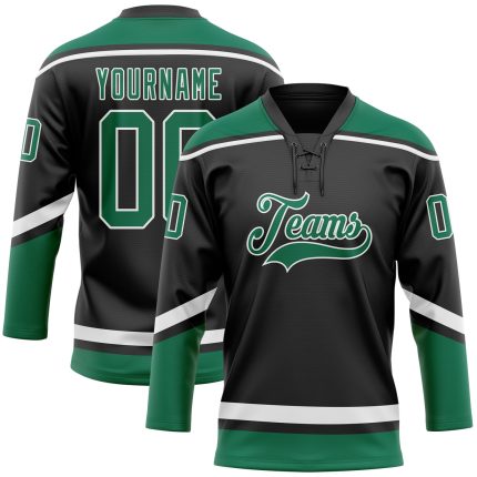 Personalized Black White Kelly Green Hockey Jersey with Lace Neck Design Personalized Black White-Kelly Green Hockey Lace