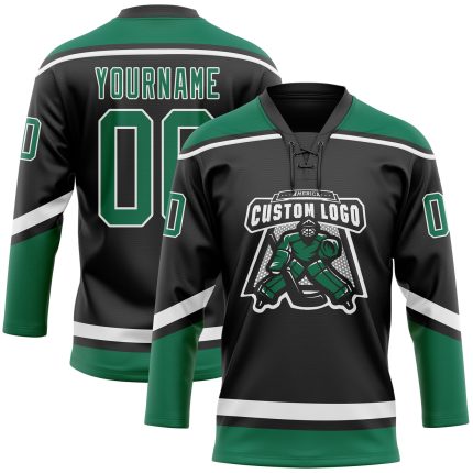 Personalized Black White Kelly Green Hockey Jersey with Lace Neck Design Personalized Black White-Kelly Green Hockey Lace