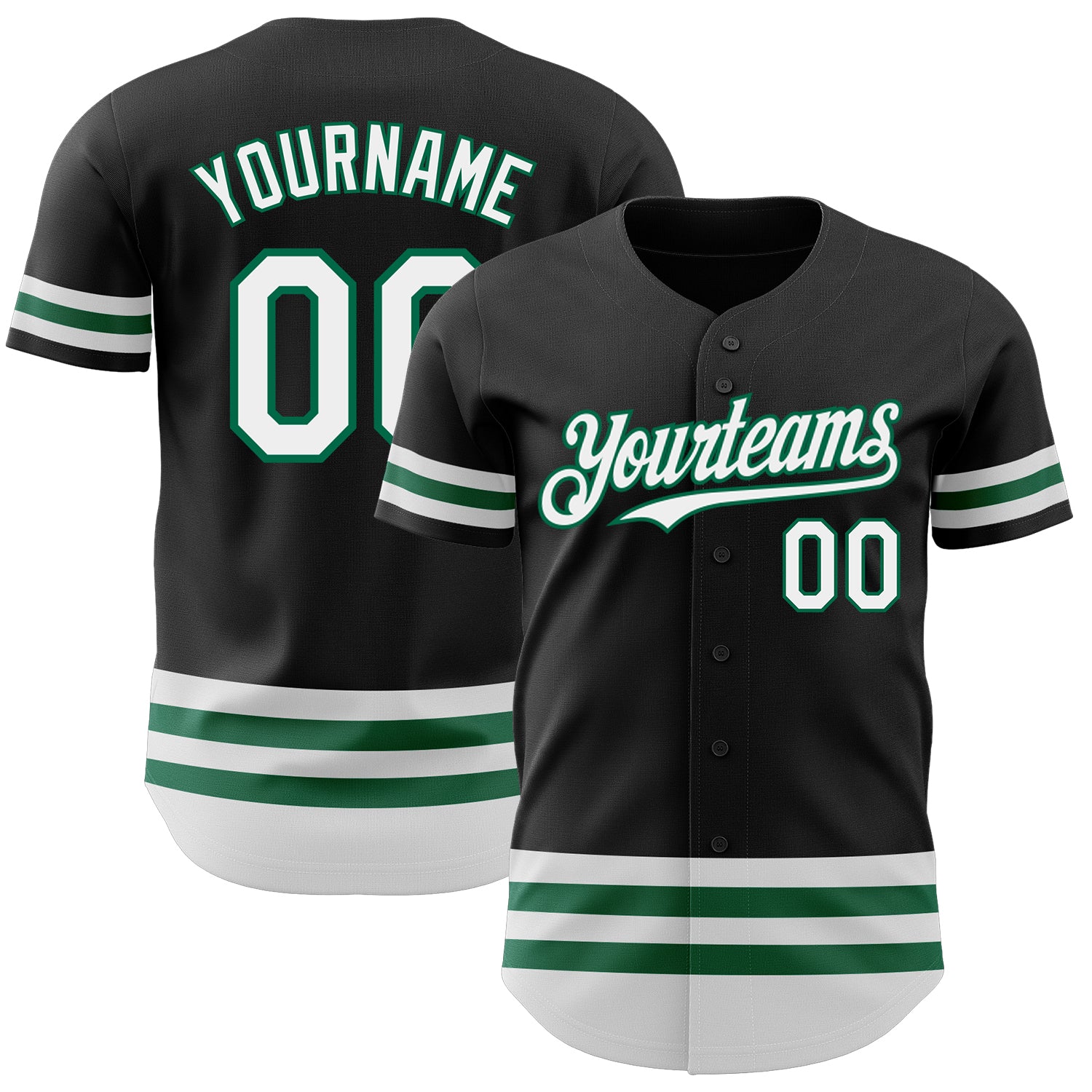 Custom Personalized Baseball Jersey, Black White Kelly Green Line - Team Name & Number Personalized Black White-Kelly Green