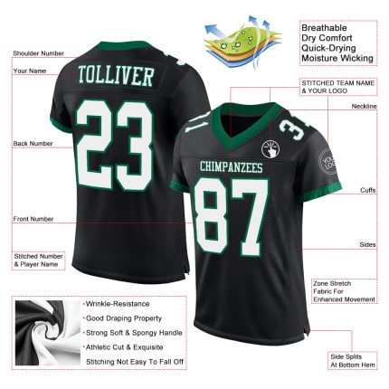 Personalized Green Black White Mesh Football Jersey for Men and Women Personalized Black White-Kelly Green Mesh Football