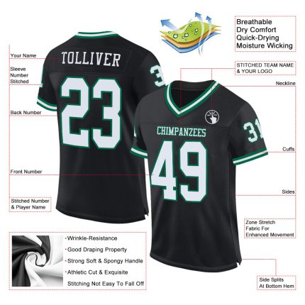 Personalized Black and Kelly Green Mesh Throwback Football Jersey Personalized Black White-Kelly Green Mesh Throwback Football