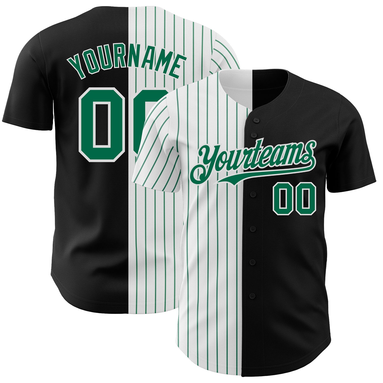 Custom Name Number Baseball Jersey - Personalized Black White Kelly Green Pinstripe Authentic Split Design Personalized Black