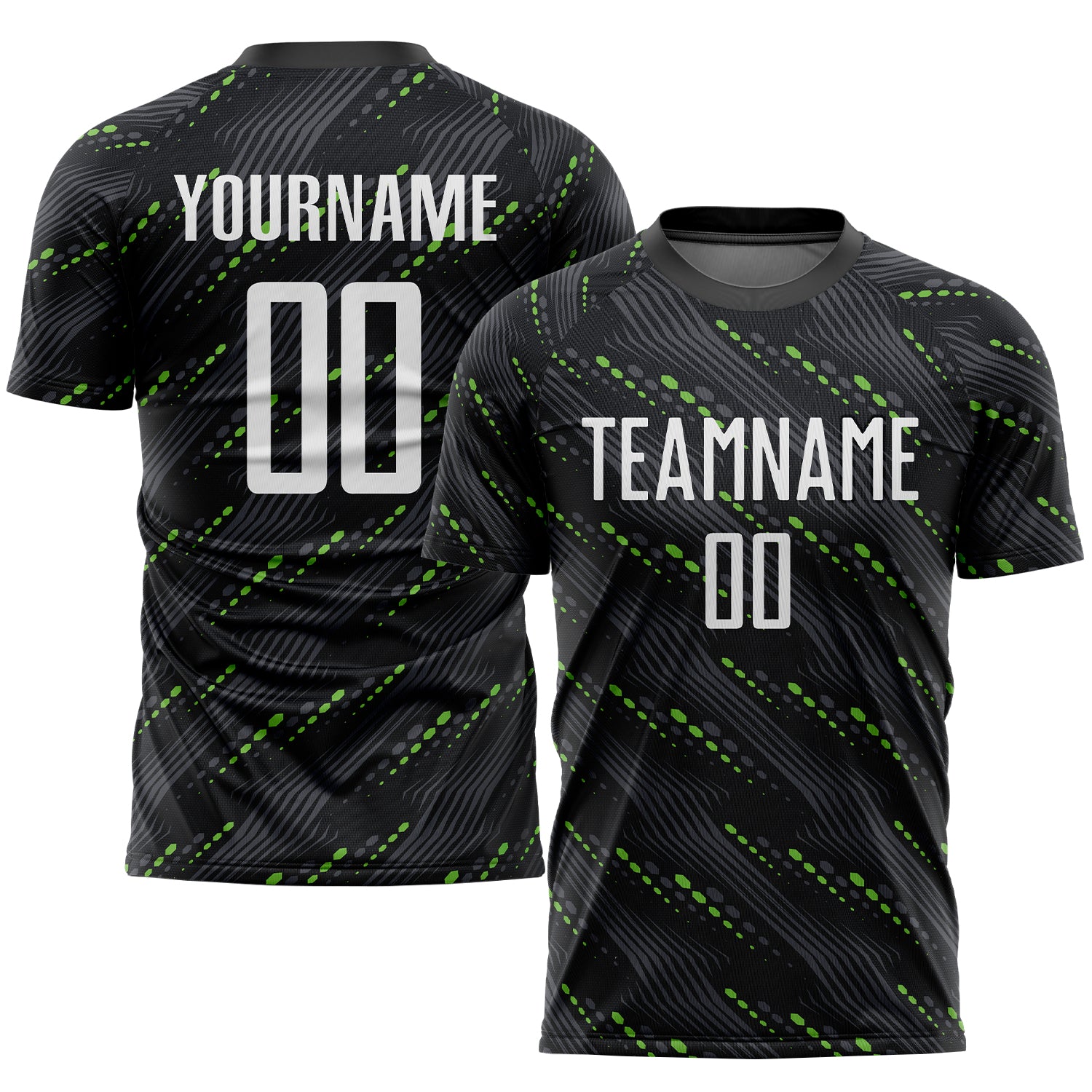 Personalized Sublimation Soccer Jersey in Black, White & Kelly Green - Custom Uniform 2 Personalized Black White-Kelly Green