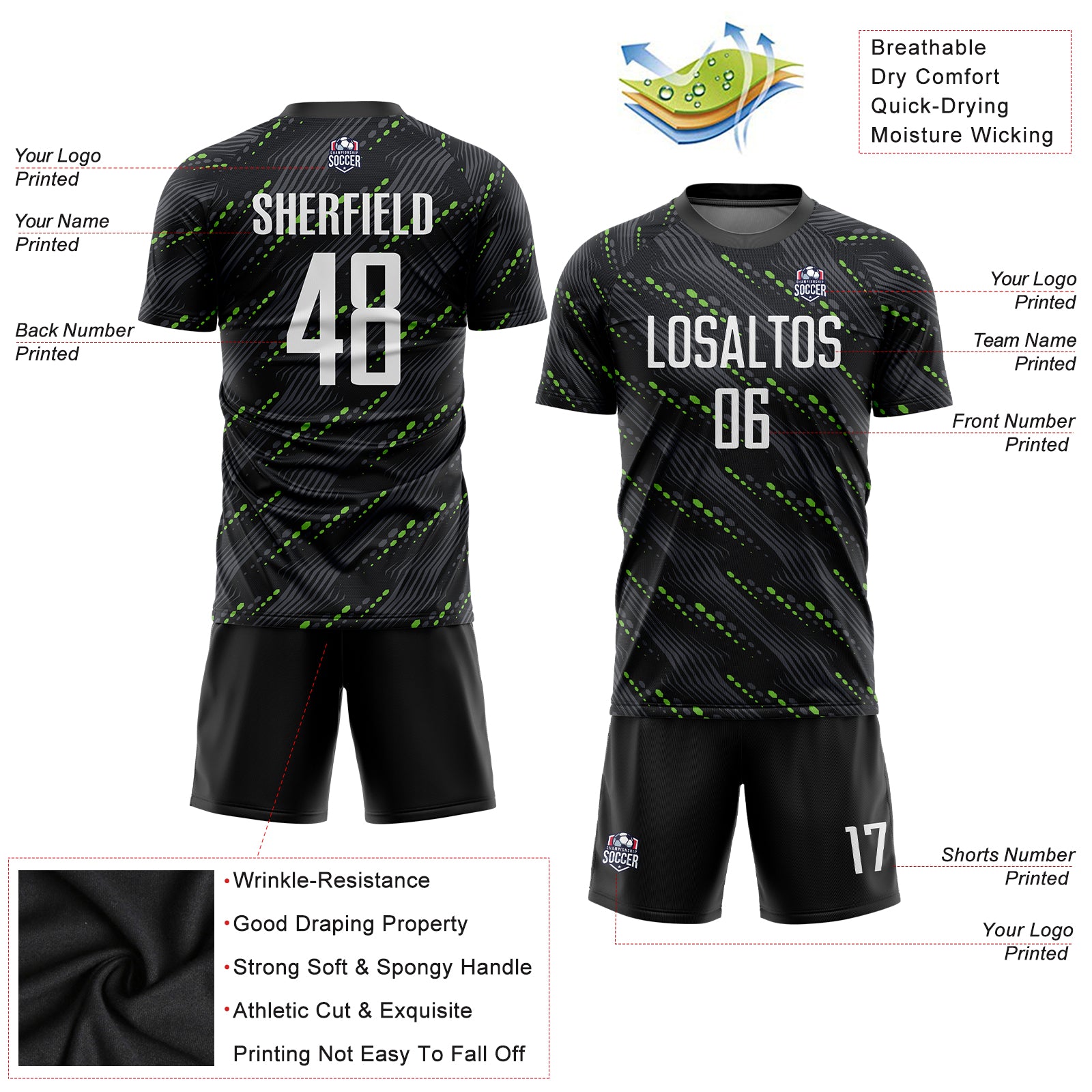 Personalized Sublimation Soccer Jersey in Black, White & Kelly Green - Custom Uniform 2 Personalized Black White-Kelly Green - Image 5