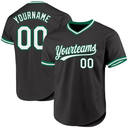 Personalized Black White Kelly Green Throwback Baseball Jersey for Men and Women Personalized Black White-Kelly Green Throwback