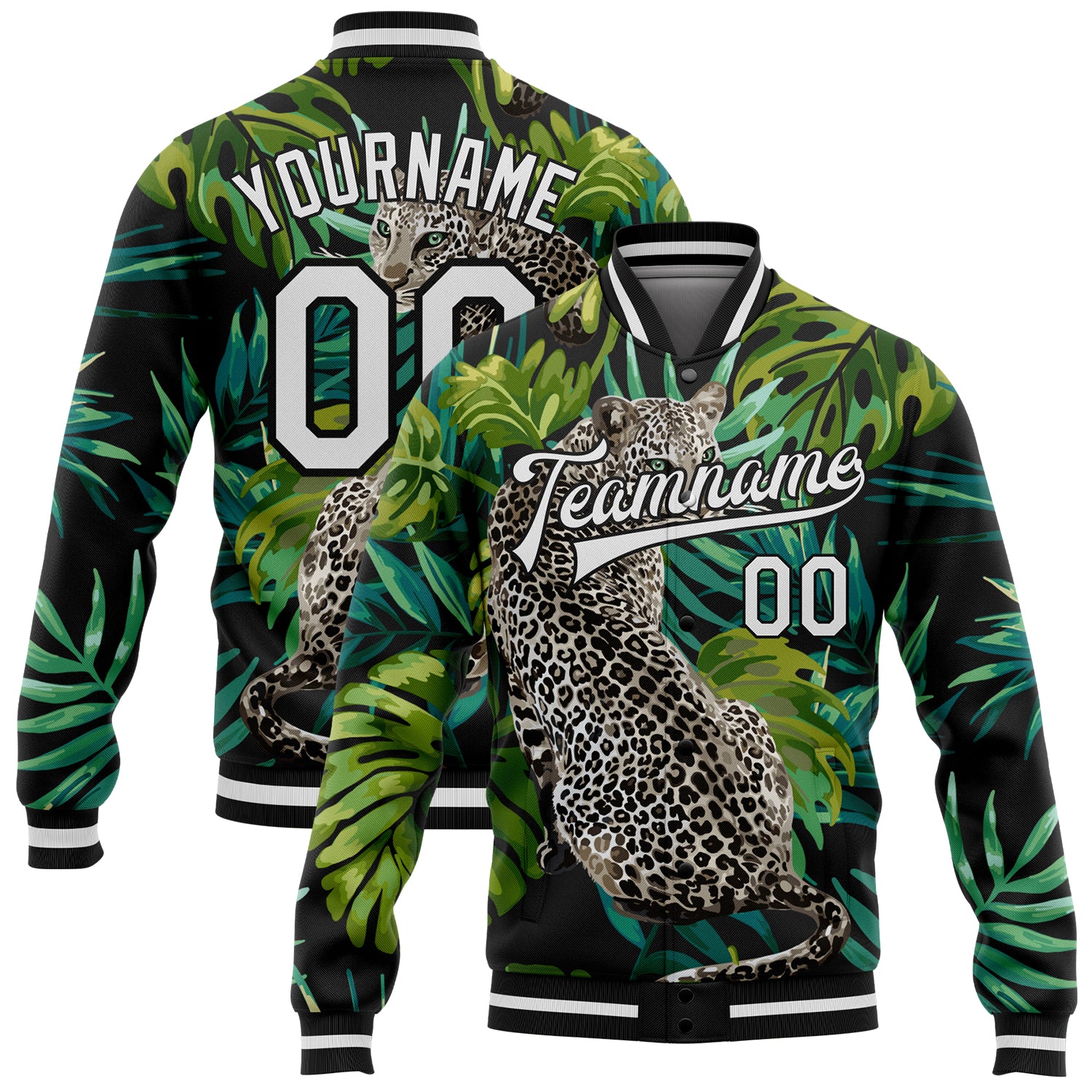 Personalized Leopard Tropical Palm Print 3D Bomber Varsity Full-Snap Jacket Personalized Black White Leopard And Tropical