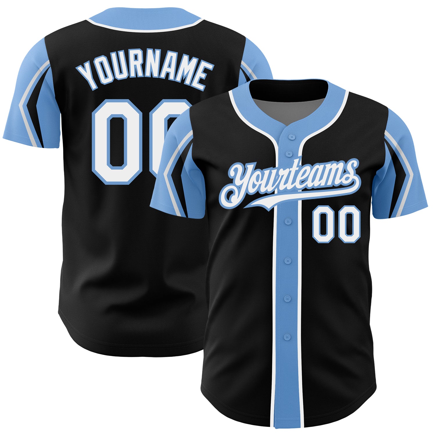 Customizable Baseball Jersey - Black, White, Light Blue - Personalized Team Name & Number - Authentic Arm Shapes Personalized