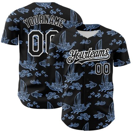 3D Boats and Fish Baseball Jersey - Personalized Black and Light Blue Design Personalized Black White-Light Blue 3D Boats