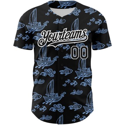 3D Boats and Fish Baseball Jersey - Personalized Black and Light Blue Design Personalized Black White-Light Blue 3D Boats