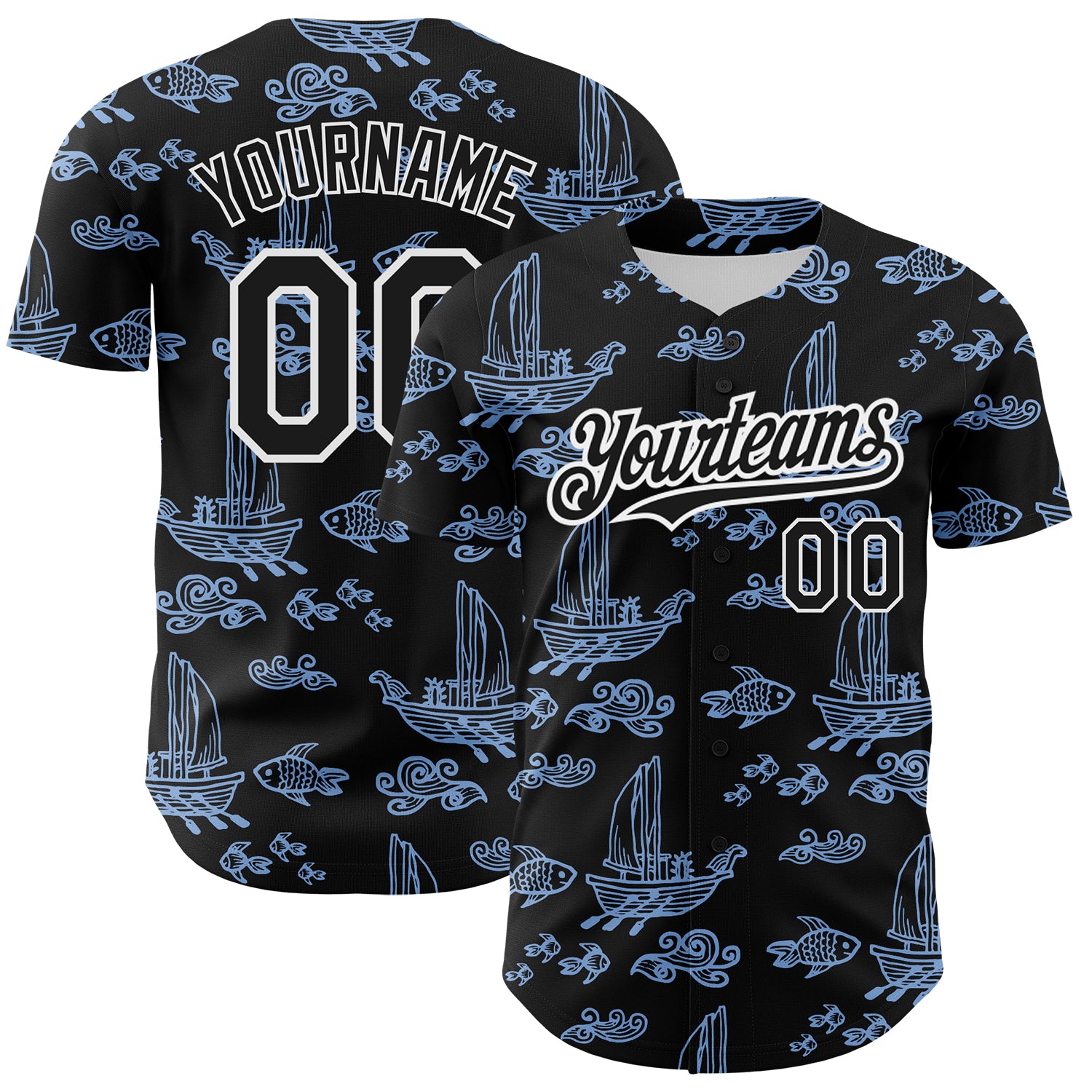 Custom Name and Number Authentic Baseball Jersey 3D Pattern Design with Black, White, Light Blue Boats and Fish Personalized