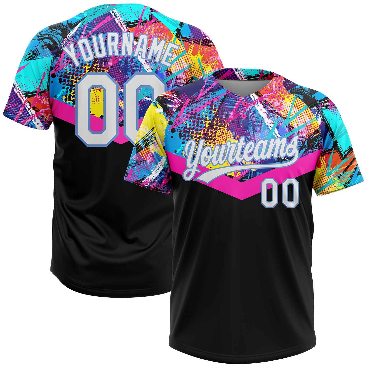 Custom Name and Number Softball Jersey Unisex 3D Pattern Black White Light Blue Two-Button Design Personalized Black White-Light